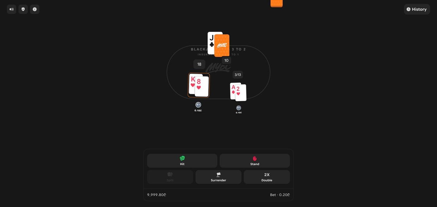 Blackjack multi-hand table with two boxes in play