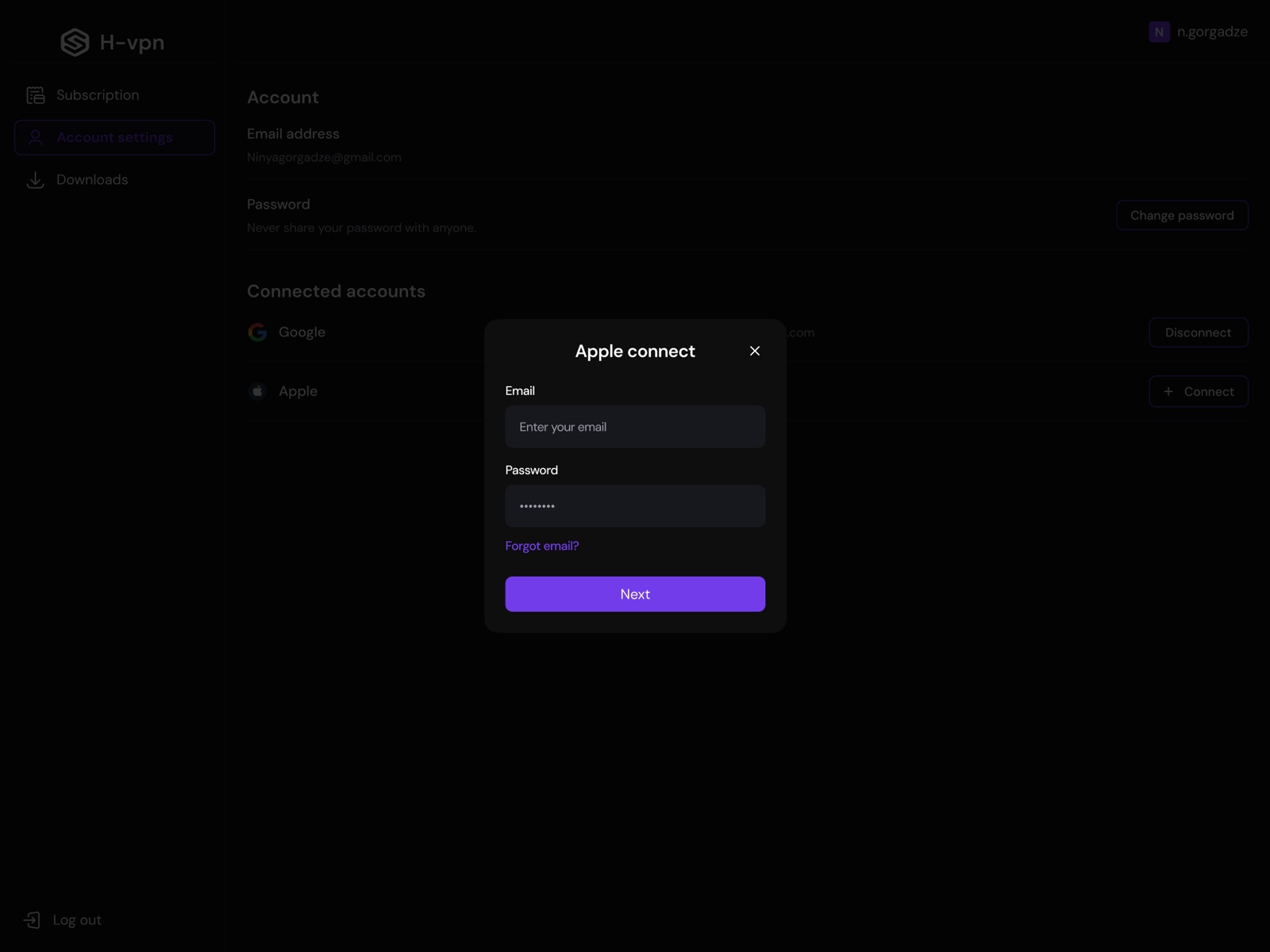 Desktop client — account settings with Apple connect modal