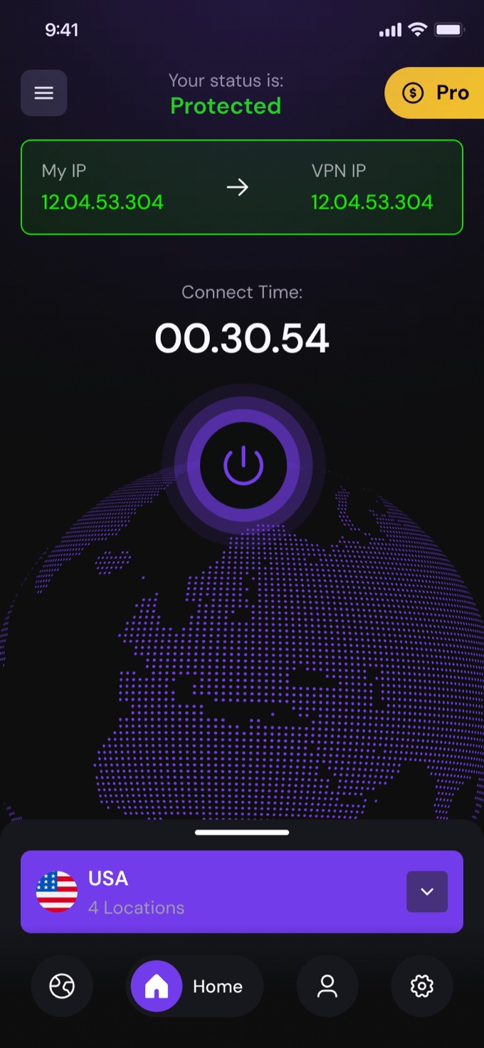 H-VPN home in protected state — green status, masked IP, connect timer