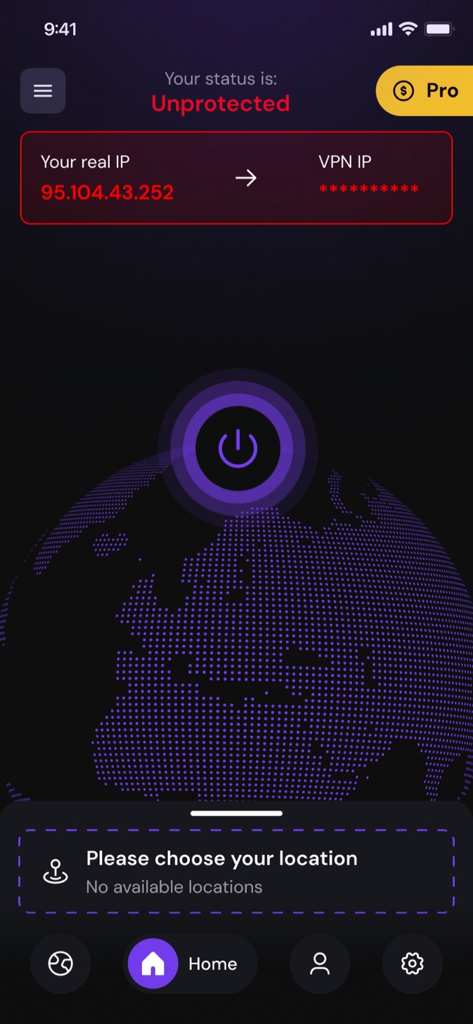 H-VPN home in unprotected state — red status, exposed IP