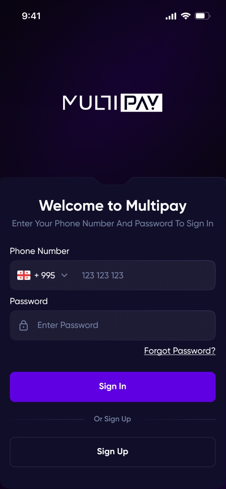 Deep purple direction — welcome screen